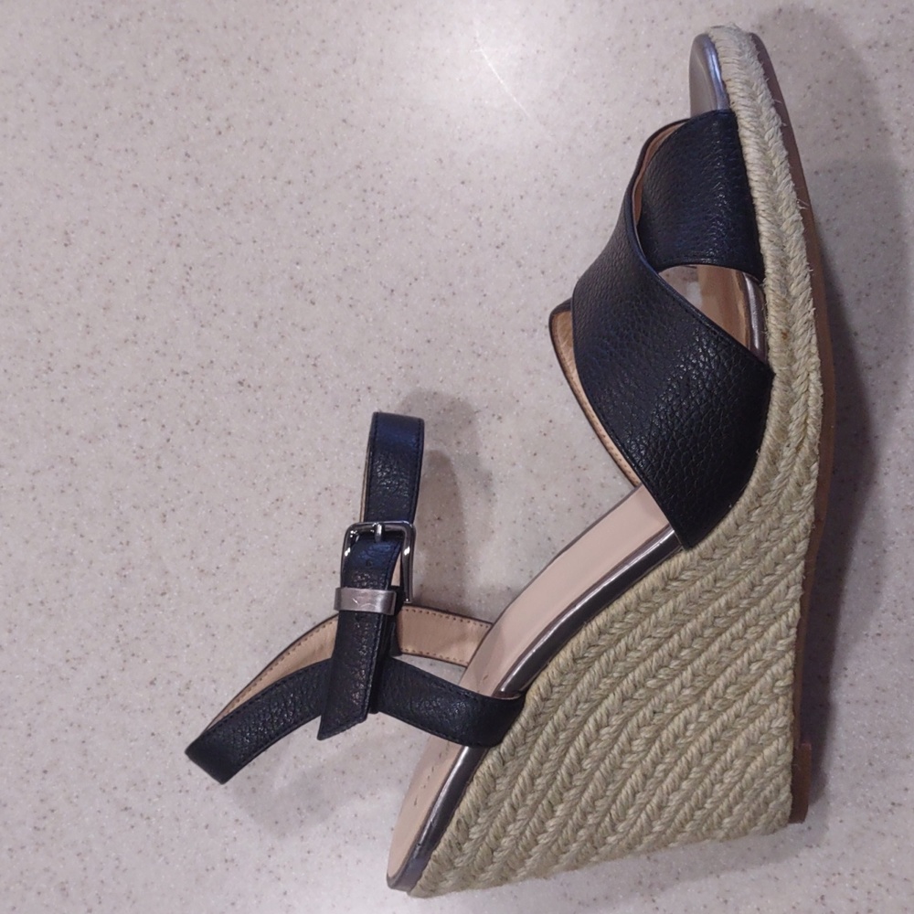 Cole Haan Black Leather Espadrille Wedge Sandals Size 9 Medium EUC